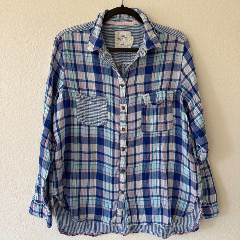H&M L.O.G.G. Blue Plaid Gauze Button Down Shirt Women's 14 Pastel Aesthetic